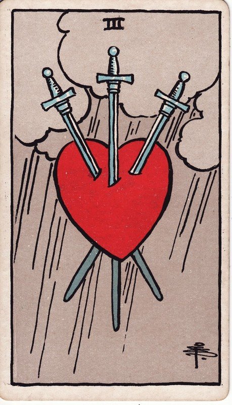 Três de Espadas do Rider–Waite–Smith: um coração vermelho atravessado por três espadas, sob nuvens de chuva.