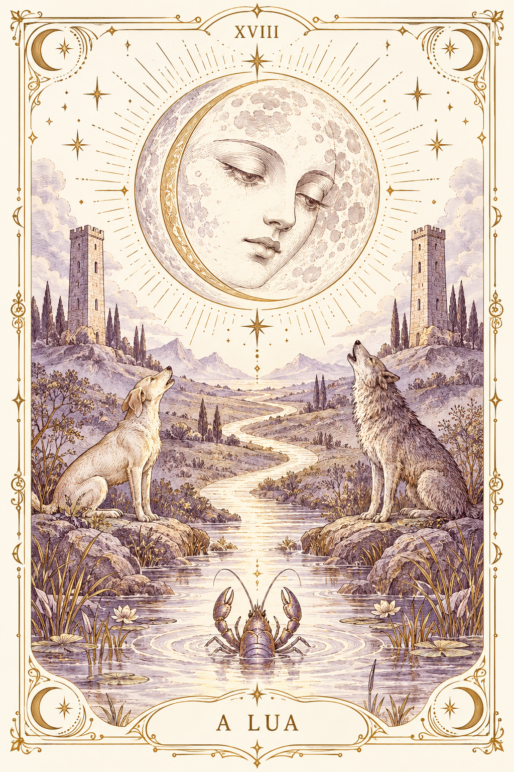 A Lua — ilustração em tons de ivory, roxo e dourado, com duas torres, um cão, um lobo e um caminho sob a lua.