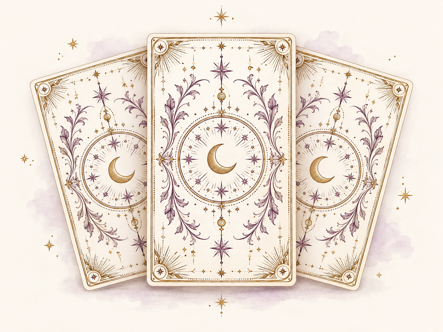 Três cartas com luas e estrelas em roxo e dourado.